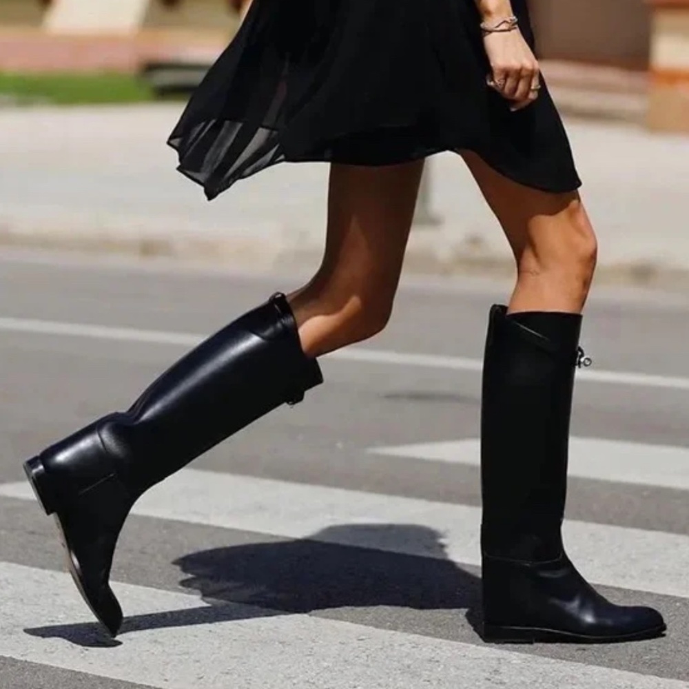 JIMMY CHOO Hyson Belted Knee High Jumping Boots in Black